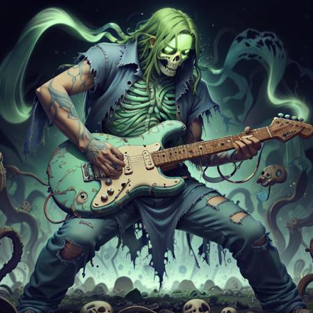 <lora:WorldofSigmarnighthaunts:1>, 1man, standing, playing an electric guitar, slime, long green hair, tattered rags, green aura, worldofsignighthaunts,