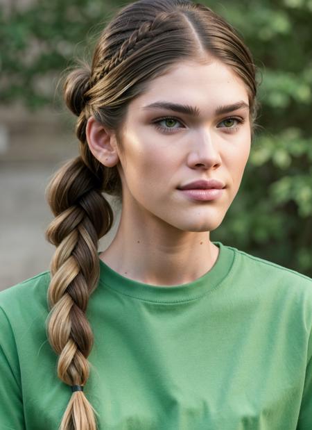 realistic, transgender, makeup, <vsampaio> wearing green shirt, brunette hair, portrait, smile, hair tied back