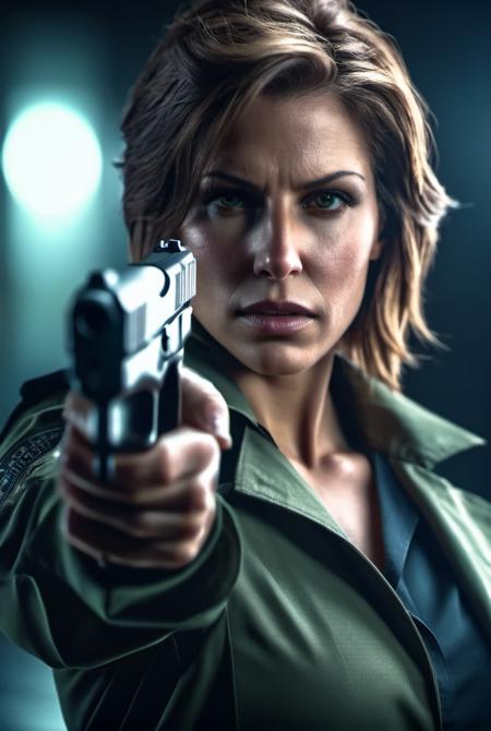 cinematic film still a woman holding a handgun, Metal Gear Solid, busty, trending on ArtStation . shallow depth of field, vignette, highly detailed, high budget, bokeh, cinemascope, moody, epic, gorgeous, film grain, grainy