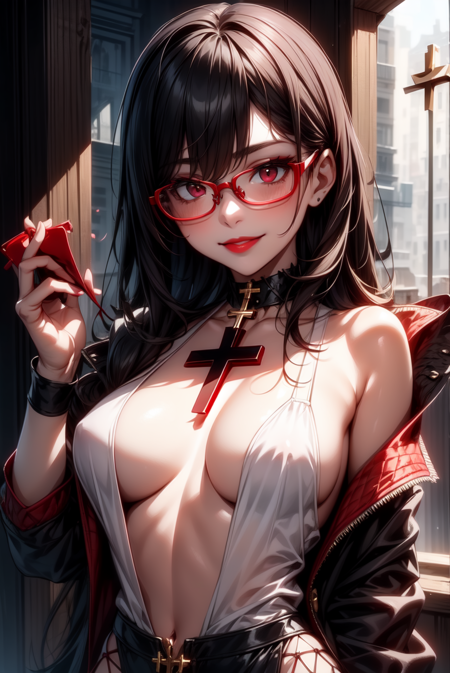 elisabeth, red glasses, red eyes, cross on chest