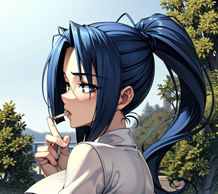 <lora:Muramasa_9600:0.8>
best quality, masterpiece, blue hair, aqua eyes, smoking, cigarette, ponytail