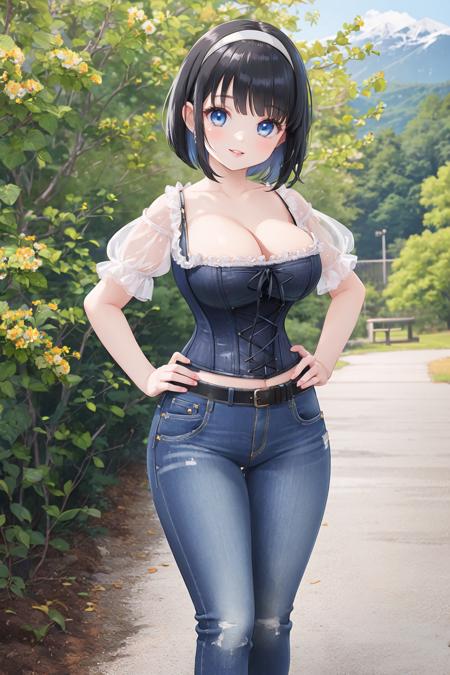 <lora:puffcorset-10:0.6>, (puffy sleeve corset), 1girl, outdoors, mountain, bob cut, standing, hands on hips, belt, jeans, lips, smile, black hair, blue eyes, large breasts, hairband