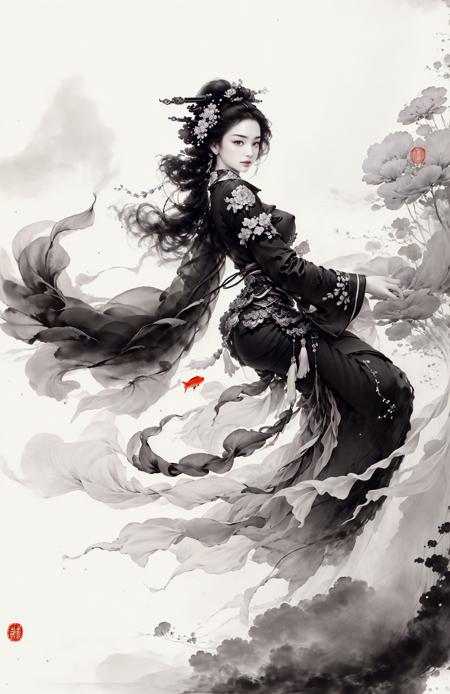 Low contrast(Ink style:1.2),  A shot with tensiondetailed backgroundDouble exposure,masterpiece, professional artwork, famous artwork, 1girl,
Tradition Chinese Ink Painting style of A cute girl in traditional Chinese costumes is and koi.     There are many auspicious clouds in the picture, and thick strokes with dry brushes,watercolor ink painting, full body,extreme long shot, surrounded by a lot of fish, dry brush thick strokes, Zhang Daqian's paintings, clear facial features watercolor ink painting <lora:~Q?-l4X| kio:0.7>