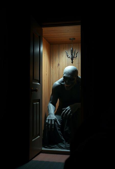 The light of a flashlight shines into a closet on the left side in a dark  bedroom, a disgusting horror monster is sitting in the closet, high detailed, high resolution, photorealistic
