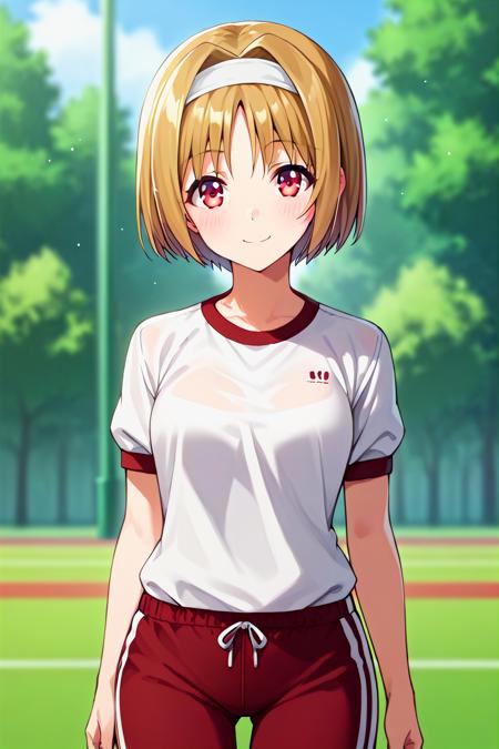 kushida kikyou, short hair, hair intakes, red eyes, hair band, school uniform, red jacket, white skirt, blue bow,