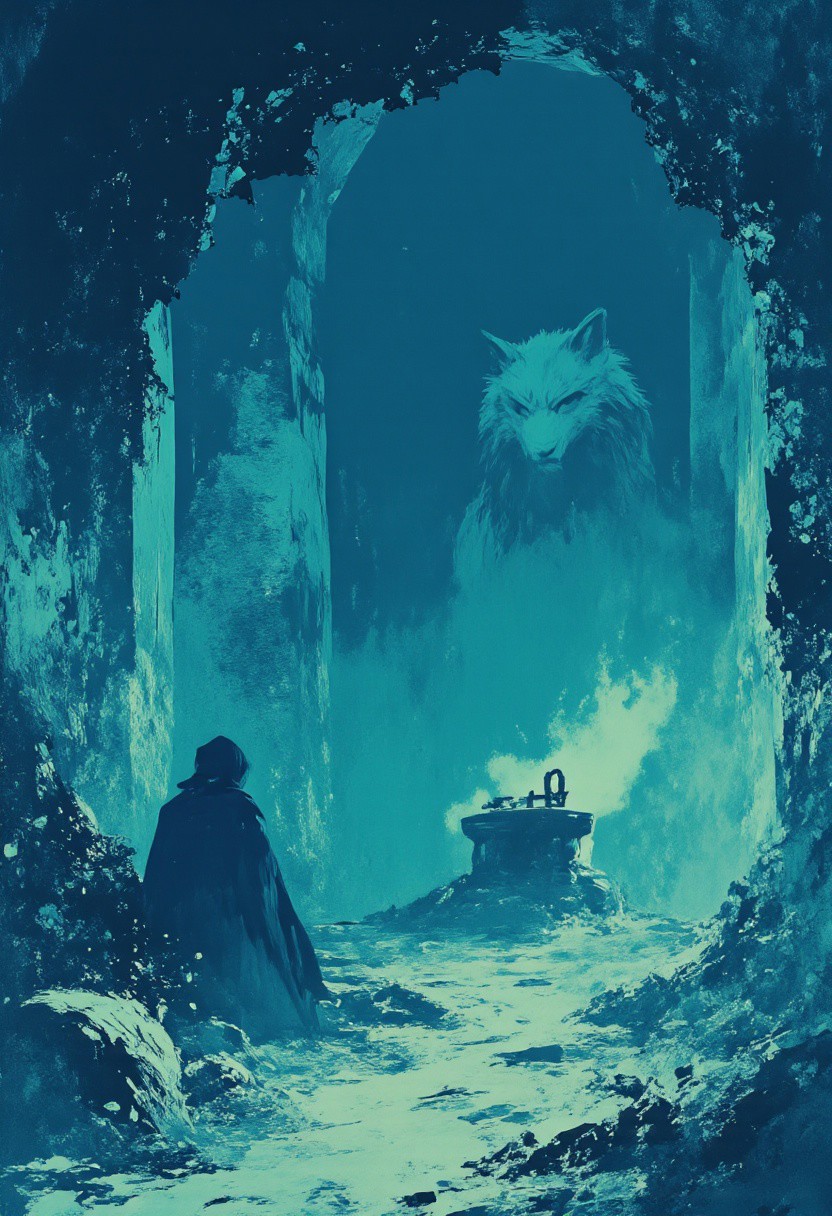 A cloaked figure standing beside a large pedestal inside a misty cave, with a massive wolf head materializing in the upper portion of the cavern space. The hooded figure appears to be observing the pedestal, which sits on rocky ground near the cave entrance. The entire image is bathed in monochromatic blue-green hues that create an ethereal glow throughout the composition. Rocky cave walls with rough stone textures are visible in the foreground and in the distance, with mist rising from the ground, partially concealing the ghostly wolf manifestation above.
