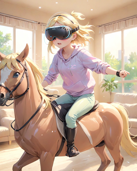 anime, pastel colors, girl riding horse, wearing vr goggle, HTC Vive, blonde hair, casual clothes, sweat, living room, Bokeh, motion line, motion blur, high speed