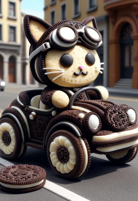 (made of creamy cookies:1.3), closeup shot, from side, cute small classic sports car made of creamy cookies, cat driving, wear round goggles, animal ears helmet, run through on creamy cookies city street, surround by creamy cookies, cinematic, cinematic lighting, (masterpiece, best quality:1.4), ultra-high res, 4k, Photorealistic, insanely detailed, sfw,