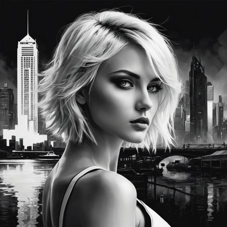 A striking portrait of a beautiful woman with short, tousled platinum blonde hair, intense eyes, and sharp facial features. The artwork is in a semi-realistic, high-detail black-and-white style with a cyberpunk and futuristic aesthetic. The background features a surreal cityscape, blending into her figure with an abstract, painterly effect. One side of the city is dark and shadowy, while the other side is illuminated by a glowing, golden sunset, reflecting off the water. The composition is dynamic, with a mix of fine details and expressive brushstrokes, creating a dreamlike and cinematic atmosphere.