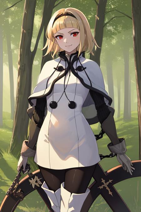 masterpiece, best quality,    <lora:OneDrakenGardV1-000080:1>, One, 1girl, blonde hair, red eyes, short hair, looking at viewer, smirk, standing, forest, trees, sun, sky, thigh boots, pantyhose, white capelet, wheel, cross, weapon, chain, holding,