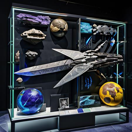 antixdisplay, galactic sword in a glass box display, 8k uhd, 4k intricate complex highly detailed, ray traced