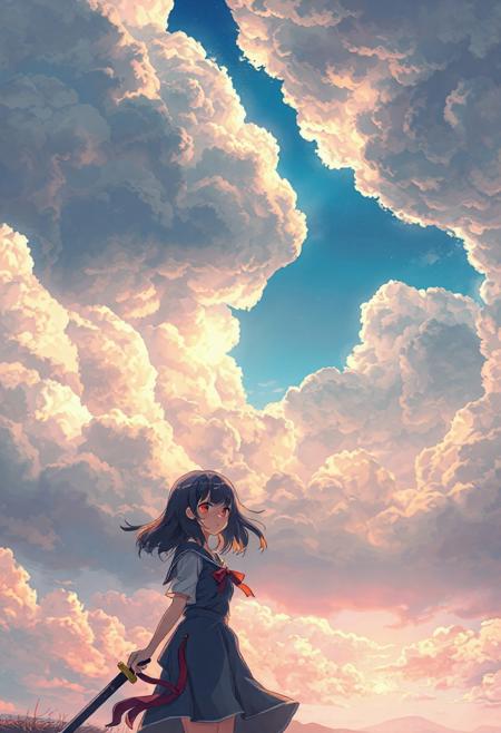 Vertical 9:16 anime-style sky in ultra-detailed 4K resolution. A vast, painterly sky stretches endlessly, filled with massive, textured clouds in complex folds, subtle contours, and soft ridges. Gaps between the clouds reveal patches of baby-blue sky and warm sunlight beams filtering downward. Below, the scene shifts to a mystical landscape where Anime-style girl with shoulder-length dark hair and red eyes, holding a katana, looking to the side, wearing a school uniform with a red ribbon and blue skirt, serious expression, dynamic pose, wind blowing her hair slightly, detailed lighting, background blurred, only the character visible — inspired by Saya Otonashi from Blood+ . The atmosphere is dreamy and emotional, with pastel colors of blue, pink, and golden light blending together. The background is ethereal and magical, filled with soft edge lighting, layered depth, and a subtle ambient haze, creating a nostalgic, cinematic mood."