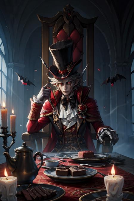 HEZI, the fifth personality, cup, candle, ring, hat, holding, vampire, sitting, bat \(animal\), solo, top hat, jewelry, candlestand, male focus, 1boy, red eyes, plate, holding cup, crossed legs, table, food, window, indoors, brooch, black headwear, fingernails, wine glass, drinking glass, chair, glowing, long fingernails, rose, flower, looking at viewer, claws, fork, meat, skeleton, fire, glowing eyes, sharp fingernails, cape, bone, teacup, gem, skull, frills, night, gloves, knife, formal, mask, long sleeves, no humans, red rose, red cape, cake, wine, jacket, white gloves, flame, pointy ears, pants, teapot, red flower, red gemstone, thumb ring, suit, candlelight<lora:ç¬¬äºäººæ ¼-000010:0.6>