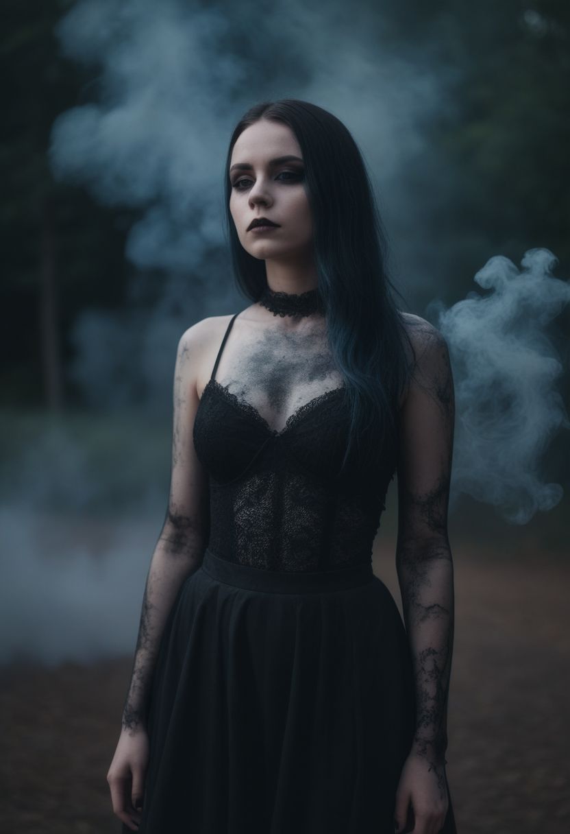 young woman, photo, goth, horror, diabolic, full body, moonlight, cinematic, 4k, smoke art, full length shot, <lora:skin_4-000015:0.2>, Detailed natural skin and blemishes without-makeup and acne
