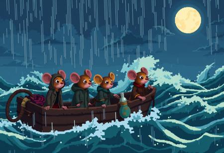 pixel-art 
a small group of mouses scared worried with old rusty clothes and dirty raincoats traveling in an old ailing boat made with bottles and trash on a storm  in the ocean lightings rain moonlight big waves 
... 
blocky, pixel art style, 8-bit graphics, blocky, pixelated, vibrant colors, recognizable characters and objects, game assets, pixel-art, 
aidmaMJ6.1, pixel art