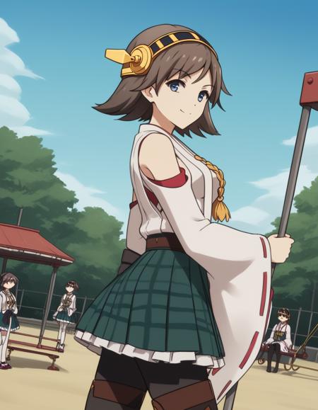 hiei, short hair, blue eyes, brown hair, hairband, hiei (kancolle), medium breasts, skirt, thighhighs, bare shoulders, pantyhose, detached sleeves, japanese clothes, nontraditional miko,