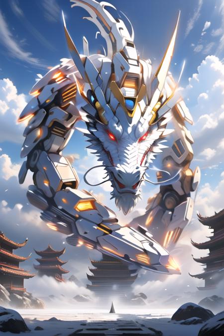 <lora:mecha_loong_v3:0.6>,a mecha dragon,
8k,High quality,high quality,morning sunshine,glowing body,mechanical joint,orange led light,high detailed mecha,high-precision mecha,mecha,exoskeleton mechanical armor,red eyes,outdoors,horns,sky,growing joint,day,cloud,blue sky,no humans,glowing,cloudy sky,scenery,eastern dragon,pagoda,building,flying,jet device,high detailed,white mecha,HD,black joint,