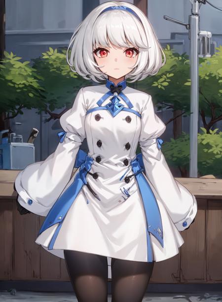 1girl,white hair, red eyes, short hair, white and blue dress, gradient leggings, standing, long sleeves, puffy sleeves, gloves, semi realistic