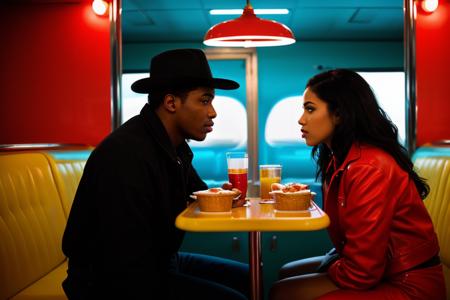 raw photo,side view,retro diner,BREAK, young Black man and Hispanic woman seated in a booth, talking,angry, BREAK,bold contrasting colors and dramatic lighting, Quentin Tarantino aesthetic,BREAK,cinematic, 70mm film shot on an analog camera, deep saturated colors and a wide dynamic range
