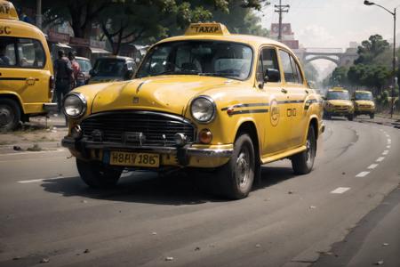 <lora:ambsdr-000006:0.65> ambsdr yellow body and blue stripe as a taxi, driving on a road in Kolkata, howrah bridge in background, ultra wide-angle, 18mm focal length, masterpiece, award winning, cinematic lighting, hyperrealistic, urban, sharp focus, smooth, intricate details, 8k wallpaper, trending on artstation