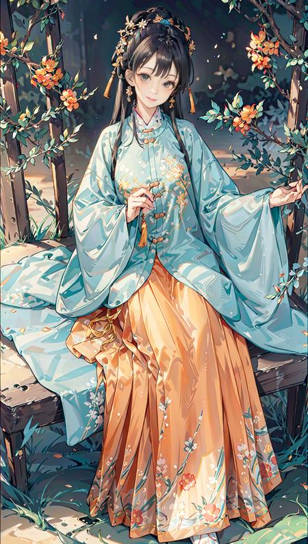 masterpiece, highres, best quality, 1girl solo, sitting, from above, looking at viewer, light smile, night,,<lora:hanfuMing_v31:0.6>,(hanfu, ming style outfits,  cyan short coat, orange mamian skirt, round collar)