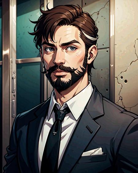 1boy, male focus, elevator, salaryman, business suit, looking to the side, messy hair, pixie cut, two-tone hair, brown hair, beard, mustache, realistic, (photorealistic:1.1), (lineart:0.8), (black outline:0.4), (thick outlines:0.5)