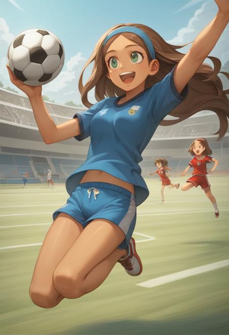 score_9, score_8_up, score_7_up, anime style,2020s\(style\),masterpiece,best quality, zPDXL2,source_anime, kawaii, vivid, colors, (medium full shot) of 1girl, (glamorous soccer player) young woman, mexican, caramel skin, olive green eyes, Medium build, extra long brown half-up half-down hair,  wearing a navy blue athletic shirt, comfortable shorts, training shoes, holding a soccer ball, headband, set in  Community Soccer Field, local park setting, kids playing soccer, parents watching from the sidelines, picnic area nearby, casual and fun atmosphere, at sunset, woman laughing, jumping in the air,
