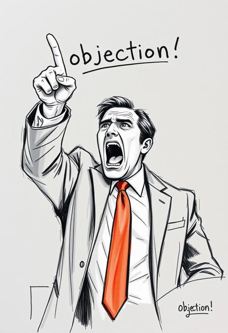 courtroom sketch of an attorney raising his hand pointing a finger and screaming "Objection!". With text "objection!". The man's pose exudes power and is similar to that of characters of the videogame series phoenix wright. The sketch reminds of the styles of Butch Krieger or Gary Myrick, with a grey paper, quick precise black outlines and oil pastel crayons.