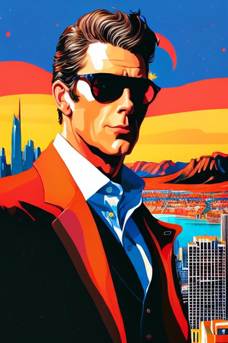 A clean 1980 scene of a classy man in suit medium shot and wearing sunglasses with a (city) in the background at sunset, soft lighting, nostalgic, art by rzpopartify-6000