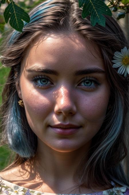 photorealistic, adorable perfect face, all parts perfect anatomy, photorealism, ultrarealistic, 8k quality, high detail
1 girl, 18 years old, portrait, cleavage, flowers, leaves, blue hair
 <lora:add_detail:1>, <lora:beautiful-detailed-eyes:1>, <lora:XDetail_light:1> ,<lora:detailed_notrigger:1>