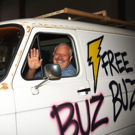 Photograph of a middle age man driving an old white van. The smiling man sits in the driver seat, looks like a the villain of a kids movie and waves at the viewer. The van is white and beaten, it has a sliding door. The side of the van is spray painted with a yellow thunder icon and black text that reads  "FREE BUZZ".