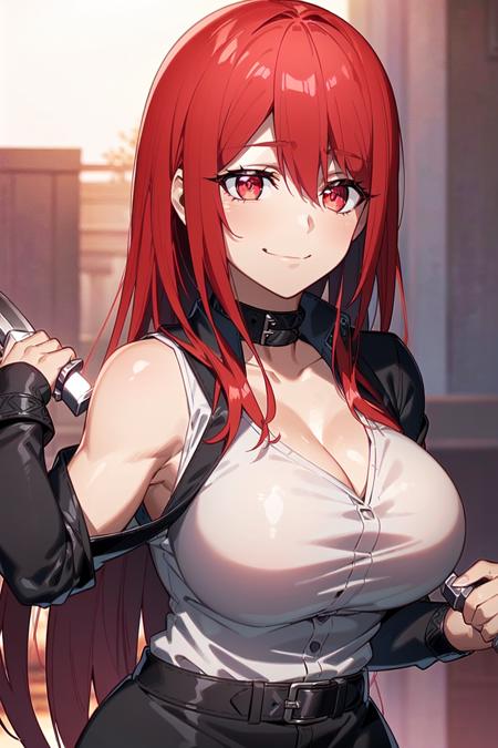 <lora:Akane Hiyama:0.5> Akane Hiyama, ((1girl, red hair, solo, red eyes, weapon, breasts, holding, large breasts, shaded face, dual wielding, knife, jacket, smile, yandere)), ((masterpiece, best quality)), (((extremely detailed, intricate details, lush detail, insanely detailed face, 2k, beautiful light Red eyes, shiny skin, sharp eyes))), ((dramatic shadows, vibrant colors, backlighting, depth of field, highleg, contrapposto)), (((shadow over face, glowing red eyes))), ((sleeveless black shirt, black skirt, white collar shirt, red belt, hidden hands)), big eyes, upper body, face focus, looking at viewer, long black gloves, red bracer