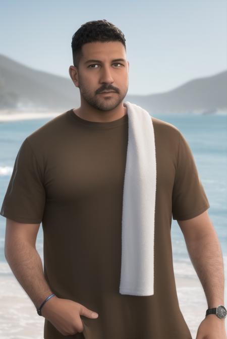 <lora:bogg_dann:0.8>, bogg dann, masterpiece, best quality, 1boy, solo, male focus, shirt, wristwatch, watch, facial hair, outdoors, black hair, closed mouth, short sleeves, realistic, blurry, brown shirt, t-shirt, photo background, sky, towel on one shoulder, towel, striped, beach,