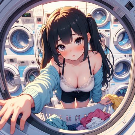 washing machine laundry putting clothes fisheye lens ribbon camisole cardigan