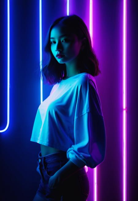 poster image, half body, 1girl, Shadow art, full-length shot of girl at 25 years old, atmosphere of neon lights