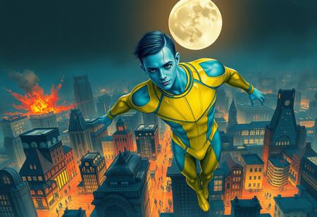 1boy, blue skinned, aged 30 (full body, facing camera, from below). Futuristic fashion, a golden yellow and teal  high tech bodysuit , it is form fitting with an open face design. the man has pale blue skin and is muscular and has an athletic  form , the hero is flying above a futuristic alien city that is very idyllic and made of numerous organic shaped buildings , Charcoal and colourful oil pastels. impressionistic bidimensional, standing on a rooftop looking down at a city under siege, fires, gunfights, people running. Parts of the city are on fire night time. Fires illuminate dark parts of the city. A building explodes in the background. Broken moon in the night sky.
faded watercolours Klimt  dadaistic collage by Bill Sienkiewicz, strikingly alluring face. brilliant spotlight effect. Vibrant thick dripping paint. Intense detail, realistic, dynamic shadows and contrasts. Deep rich colours contrast against the dull muted background.