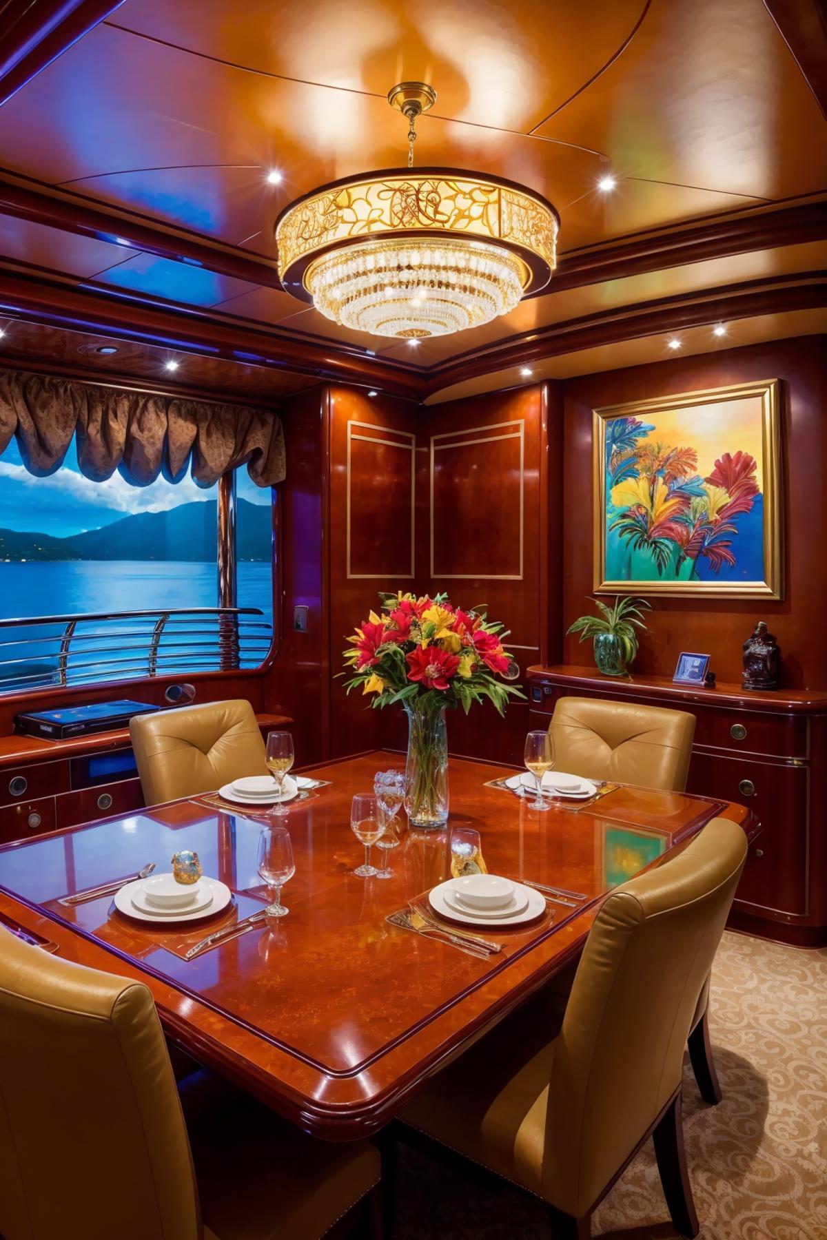 A wooden table with a vase of flowers and wine glasses on a luxury boat.