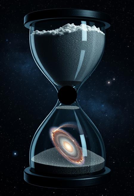 formation of galaxies in an hourglass. The top half contains gas and dust, the center contains a blackhole, the bottom half contains a full galaxy