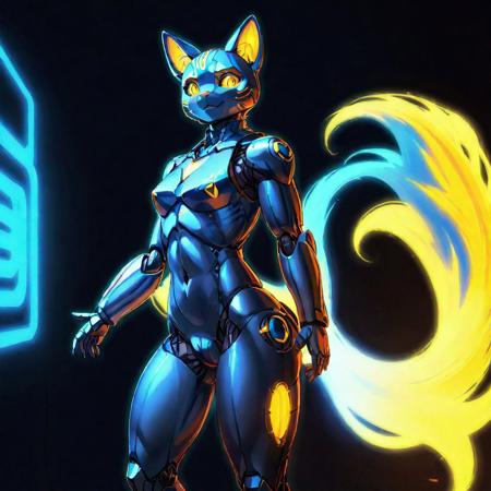 solo, smile, animal ears, tail, full body, yellow eyes, ass, cat ears, no humans, glowing, digital background, fire tail, robot, glowing eyes, joints, humanoid robot, muscular, pectoral muscles, toned abs