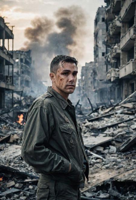 Photo of a man who is standing looking at how his city has been destroyed by a nuclear bomb. He has just arrived at the disaster and observes the horror of the destruction, ruined buildings full of smoke and flames, ground full of rubble with skeletons lying around In the dawn light floods the scene, the man is completely dressed in normal clothes and wet, he is dirty, everything is a disaster, the sky is cloudy and it is raining, , Fujifilm XT3,film still,film grain,cinematic,soldier accessories,war style, professional photo,best quality and best aesthetic,Award-winning artistic photos,Outdoors,public places,defeated posture, ( detailed in background:1.6)Serious,Curi