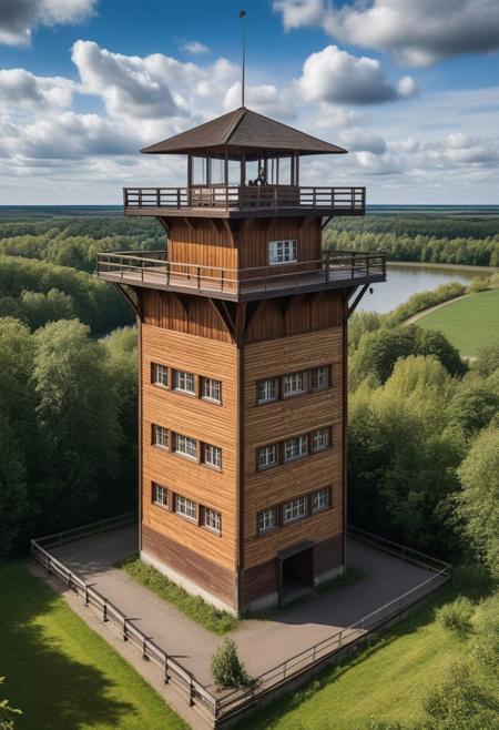 watchtower which is an aerial surveillance structure built between 1940 and 1942. the wooden building has an asphalt shingle cladding comprising a four-story square tower topped with a terrace and metal guardrail. Add three rectangular annexes to the building. german war plane Arado Ar-196 Verlinden Cululus river and clouds background