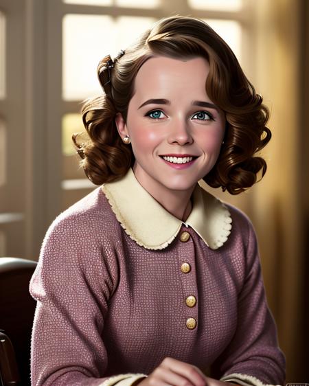 photo of (LorraineBaines:0.99) with a wry grin, Wearing a floral blouse, with a yellow sweater, with a ribbon in her hair, detailed face, (grin dimple:1.1), realistic skin, high quality, (brown eyes:1.1), Leica 50mm, f1. 4, natural light, grainy, (high detailed skin:1.2)