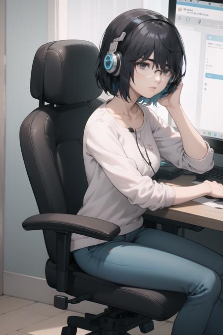 <lora:shirosaki-000034:1> shirosakisaori, glasses, casual, pants,
1girl, headphones, gaming chair, livestream