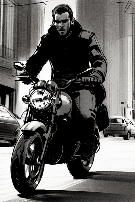 a man riding a motorcycle, greyscale <lora:dan_milligan:0.8>