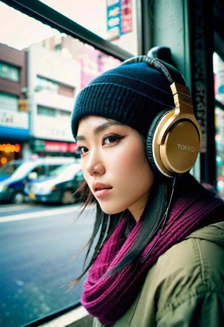 japanese otaku girl,winter hat, headphones,(beautiful face,exquisite face,skin texture:1.2), (ultra-wide angle:1.3), half body portrait from side, watching window, (masterpiece,best quality,ultra high res:1.2),(photo-realistic:1.3),tokyo street, day, mood, polaroid color 600 instant film, faded, blurry, motion blur, ((grainy))