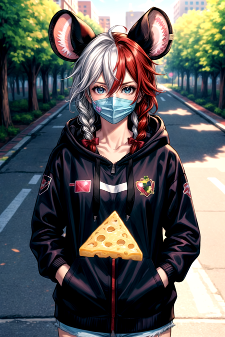 1girl, solo, long hair, looking at viewer, blue eyes, black hair, hair ornament, bow, animal ears, hair between eyes, jacket, braid, white hair, red hair, food, hood, twin braids, streaked hair, hoodie, fruit, bandaid, hooded jacket, hood up, multicolored eyes, strawberry, mouse ears, bandaid on face, cherry, bandaid on nose, mouse girl, cheese, sticker, outdoors