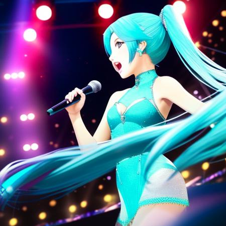 masterpiece, best quality, Miku Hatsune singing on a stage at a concert, beautiful eyes, beautiful symmetric face, beautiful twintails