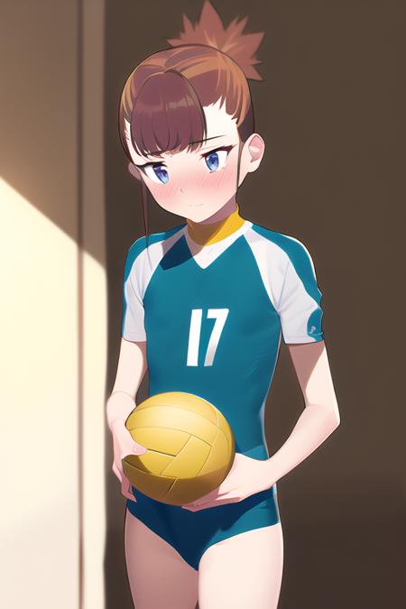 masterpiece, best quality, 1girl, makino ruki, shy, blush, beautiful detailed eyes,  volleyball uniform, royal bedroom, dark, <lora:Squeezer2:1>, <lora:makino ruki-000012:1>