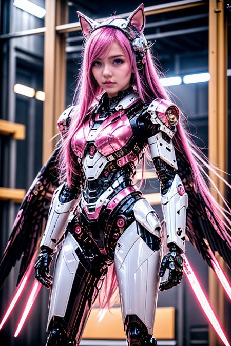 <lora:AgainCyberpunkArmor:0.8>,18 y.o, cuite face, 1girl, long hair, solo, pink hair, pink eyes, portrait, very long hair, looking at viewer, standing, animal ears, breasts, mechanical arms, science fiction, cyborg, necktie, chibi, wings,