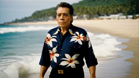 portrait of Edward James Olmos man, walking on a beach, (wearing an hawaian shirt:1.2), whimsical, photo, canon dslr, high quality, photorealistic, bokeh, analog film, rule of 3rds composition